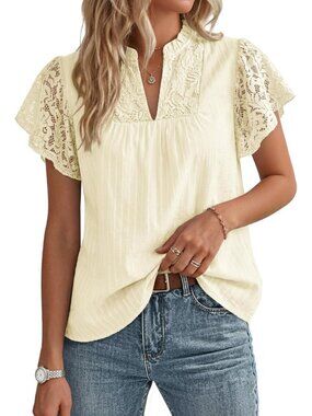 Women's Lace Short Sleeve Tops Summer Dressy Oyster White Blouses Flowy V Neck